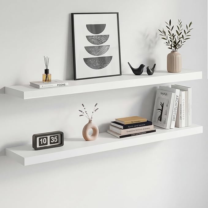 Homeforia White Floating Shelves 42 inch, High End Solid Real Wood 42inch Floating Shelf for Wall Mounted, White Wooden 42in Long Floating Shelves, Heavy Duty Bracket, 42 X 6.5 X 1.75 inches, Set of 2