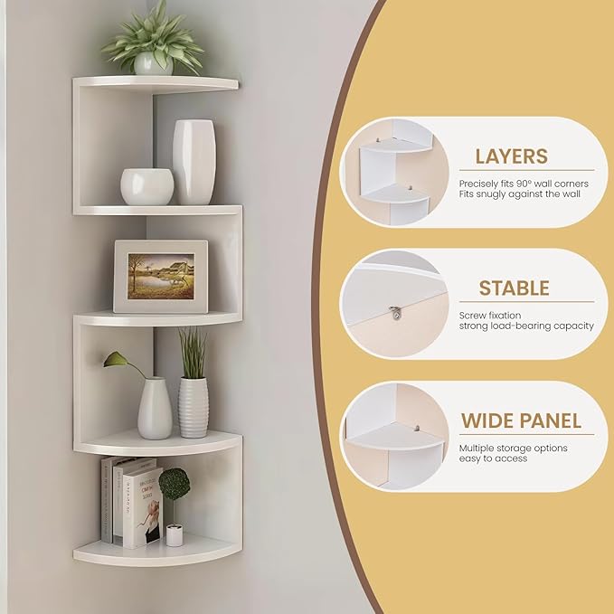 5-Tier Floating Corner Shelf Wall Mount, Heavy Duty Wall Corner Bookshelf, Multi-Purpose Plant Display Shelf for Bedroom Living Room Bathroom Home Office.(White)