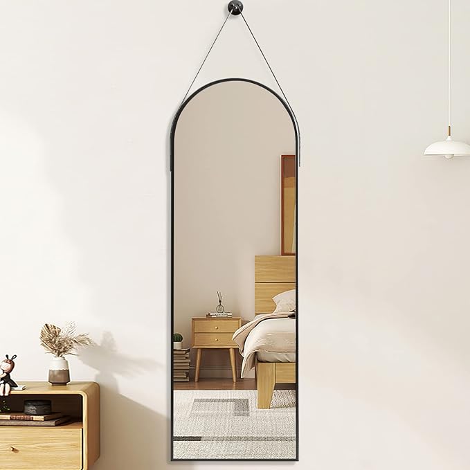 OGCAU 16''x48'' Arched Full Length Mirror for Wall, Full Body Arched-Top Hanging Mirror or Wall Mounted in Bedroom, Living Room, Aluminum Alloy Frame with Straps (Black)