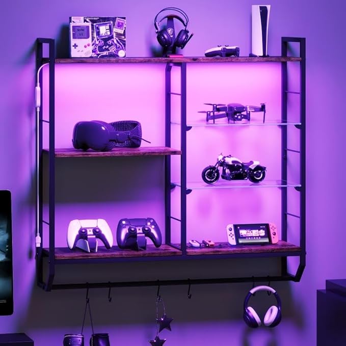 EYCOAL Gaming Floating Shelves, Wall Mounted Wooden Decor Display Shelf with 34" LED Lights and Adjustable Glass Bar Wine Shelf, Extra Hanging Hooks Storage for Gaming Room and Living Room