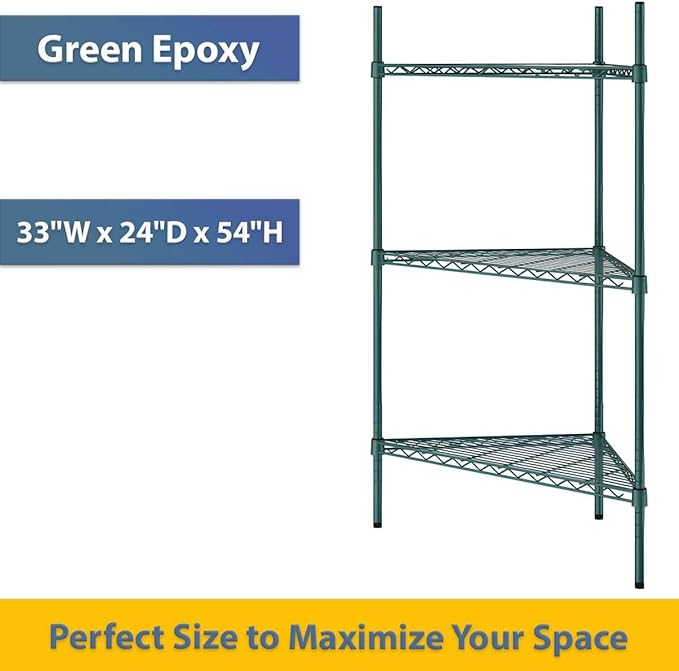 33" W x 24" D x 54" H NSF Green Triangle Heavy Duty Corner Shelving Kit, 3-Shelf Adjustable Wire Rack