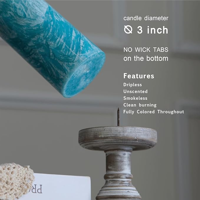 MOZEAL Hand-Poured, Unscented Turquoise Crystal Pillar Decorative Candles, Elegant Set of 3 in Different Sizes (3"x4", 3"x5", 3"x6"), Luxurious Décor for Spring Homes & Events