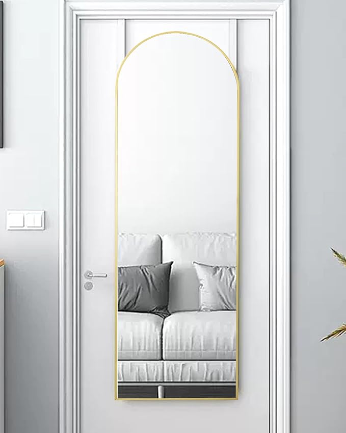 NEARBYSD DOOR-16"x50" Arched Full Length Mirror - Free Standing, Leaning & Hanging Mounted - Aluminum Frame Modern Simple Home Decor for Living Room, Bedroom & Cloakroom, Gold