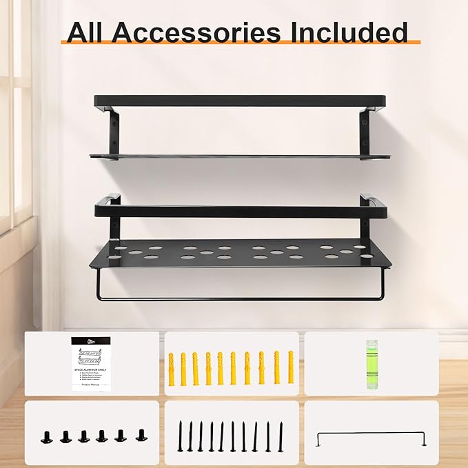 Uten Floating Shelves, Wall Mounted Iron Shelves Set of 2, Bathroom Storage Iron Shelves with Towel Rack, Wall Hanging Organizer Decor Shelf for Bathroom, Kitchen, Bedroom, Living Room