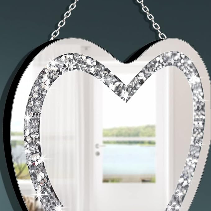 DMDFIRST Crystal Crush Diamond Heart Shaped Silver Mirror with Silver Stainless Steel Chain for Wall Decoration 12x12x0.5 inch Frameless Glam Mirror