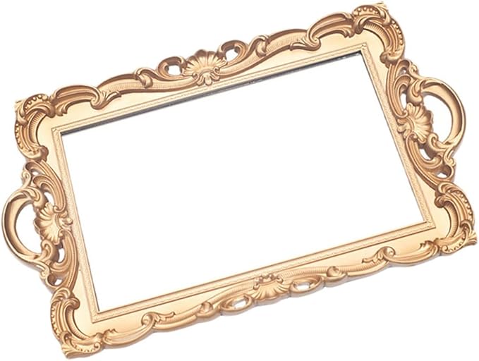 Retro Mirror Makeup Tray Golden Rectangular Plastic Cosmetics Storage Plate European Style Perfume Organizer Decorative Household Vanity Display Tray
