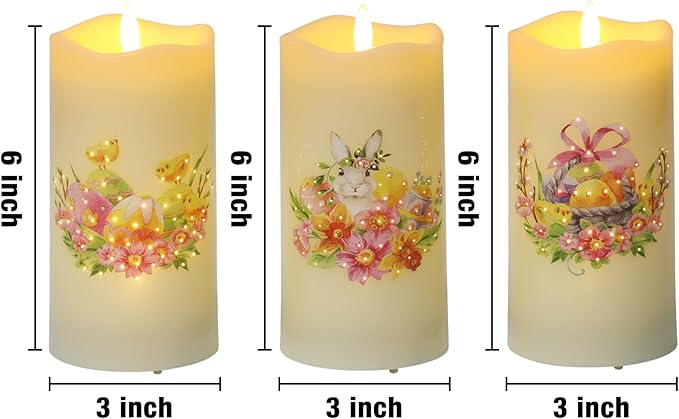 Eywamage Fiber Optic Spring Flameless Candles with Remote, Flickering Easter LED Pillar Candles Battery Operated Set of 3