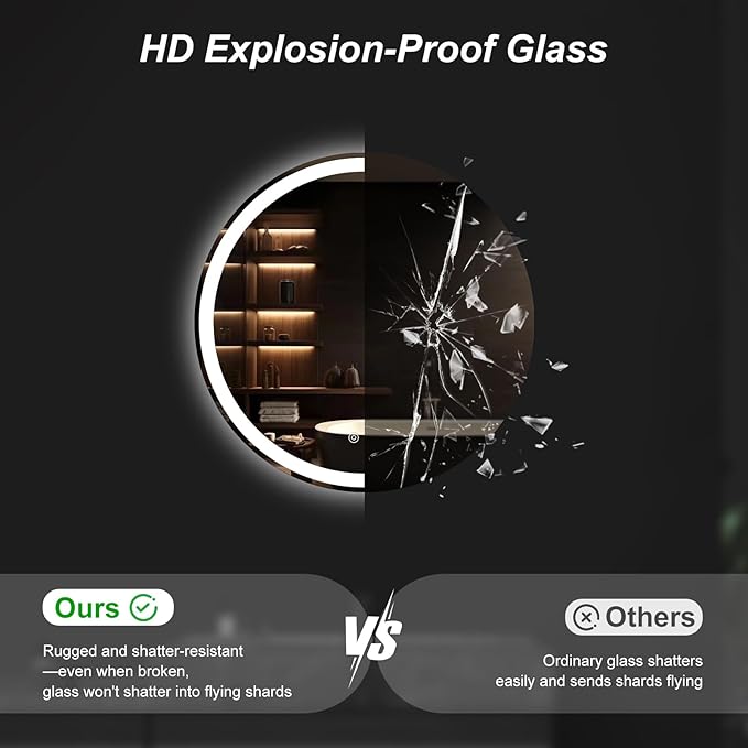 Sweetcrispy 24-Inch Round LED Bathroom Backlit Mirror with Lights, Circle Vanity Mirror with Anti-Fog, Dimmable, 3-Color Light, Memory Function, Tempered Glass