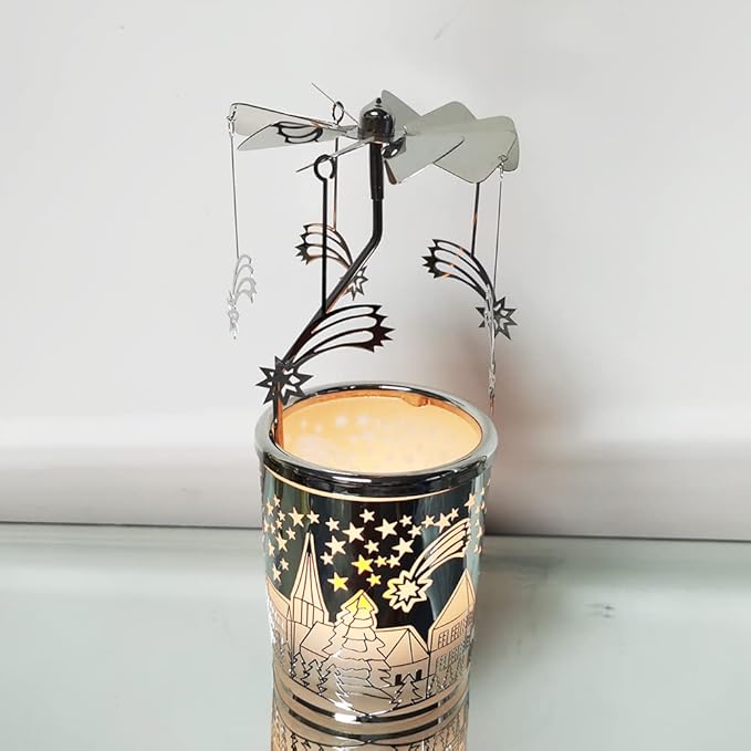 Metal Rotary Candle Holder Spinning Windmill Tea Light Carousel Decor for Home & Gifts (Silver Meteor)