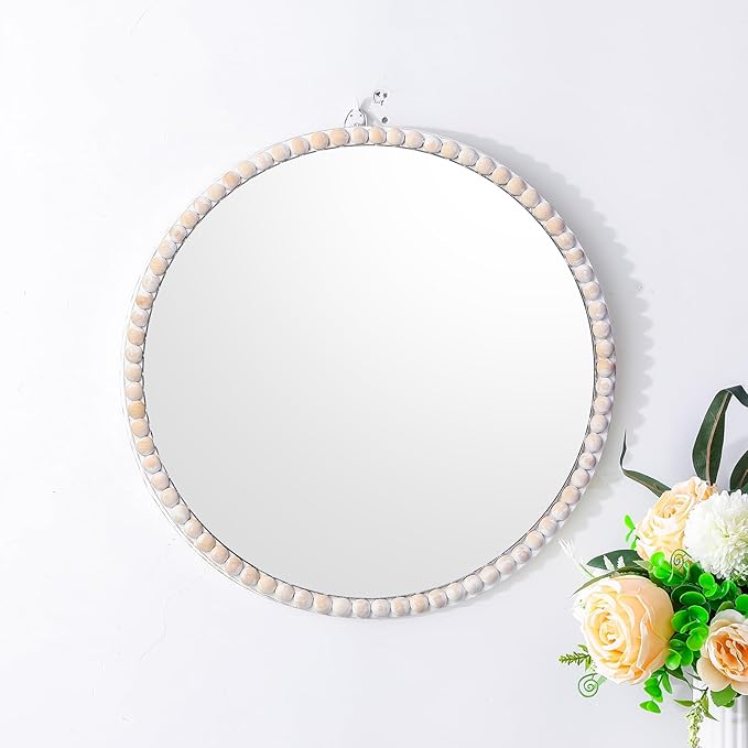 SWTHONY 15inch Small Round Boho Beaded Mirrors for Wall Decor, Cute Decorative Hanging Wooden Circle Nursery Mirror for Girl Room, Bedroom, Livingroom
