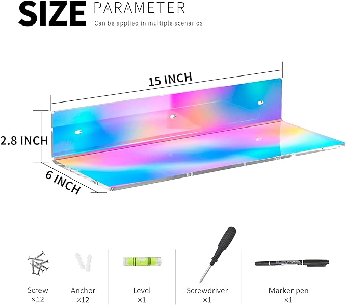 Sezanrpt 15 Inches Iridescent Acrylic Shelves, Wall Mounted Shelves for Bedroom, Wall Display Shelves for Collectibles, Funko Pop, Speaker, Plants, Space Saver, Wide Application, 4 Pack