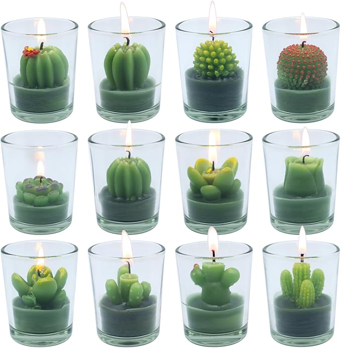 12 Pcs Decorative Succulent Cactus Tealight Candle Set - Handmade Mini Glass Holders, Decorative Votive Candles for House-Warming Party Wedding Baby-Shower and Home Decoration Gifts