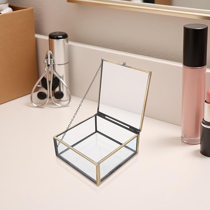 Abaodam Vintage Glass Jewelry Box with Lid, Trinket Storage Case, Dustproof Makeup and Ring Organizer for Women, 3.93 X 3.93 X 1.77 Inches, Decorative Keepsake Chest for Dresser