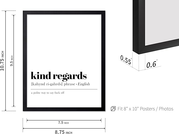 Poster Master Typography Poster - Dictionary Print - Kind Regards Definition, Polite Way to Say Fuck Off, Funny - Gift for Colleague, Friend - Wall Decor for Home, Office, 8x10 Black Framed