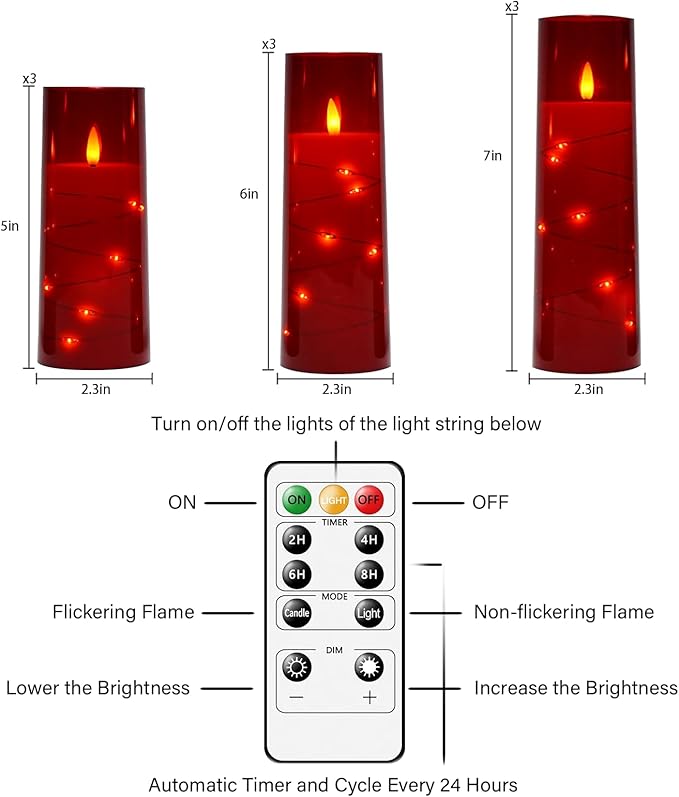 Nimiko Flickering Flameless LED Candles,Battery Operated Candles 9 Pcs with Embedded Star String,Acrylic LED Pillar Candles with Remote,Suitable for Home Decoration to Create an Atmosphere（Red）