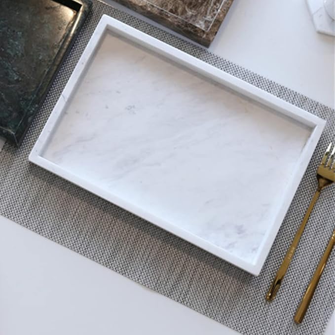 Natural Marble Storage Vanity Tray, Cosmetics Jewelery Tray, Kitchen Organizer, Coffee Table Tray (Volakas White, Glossy Surface, 11.8L x 7.87W x 1.18H)