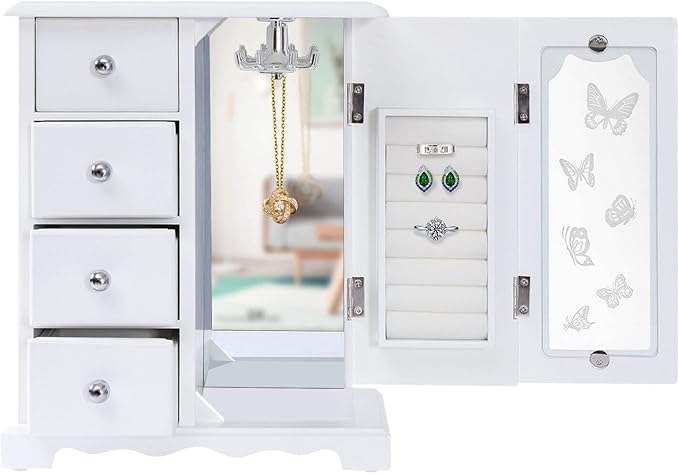 AngelcityCC White Jewelry Box Wooden Makeup and Accessories Organizer Ring Storage with 4 Drawers and Swing Door