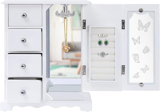 AngelcityCC White Jewelry Box Wooden Makeup and Accessories Organizer Ring Storage with 4 Drawers and Swing Door