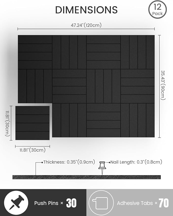 Bumusty Large Cork Board Alternative-48 x 36" Felt Bulletin Board Tiles, with 30 Pushpins, 70 Adhesive Tabs, Bold-Stripe 12-Pack, Cork Boards for Office Push Pin Board Felt Board-Black