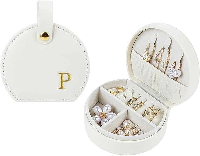 Travel Jewelry Case,Personalized Jewelry Box,Elegant Half-Moon Design with Personalized Golden Initial Case,Personalized Gifts for Women,Jewelry organizer;Personalized Gifts for Women or Friends(P)