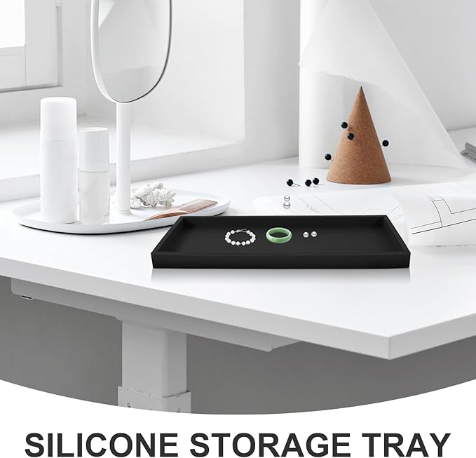 Silicone Storage Tray Large Black Bathroom Tray Jewelry Organizer Makeup Perfume Holder for Vanity Countertop