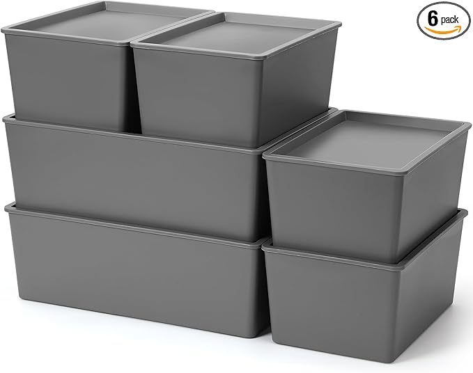 Menkxi 6 Pcs Plastic Storage Bins with Lids Stackable Storage Containers Durable Box Baskets for Organizing Shelves Playroom Classroom Office (Large and Small,Grey)