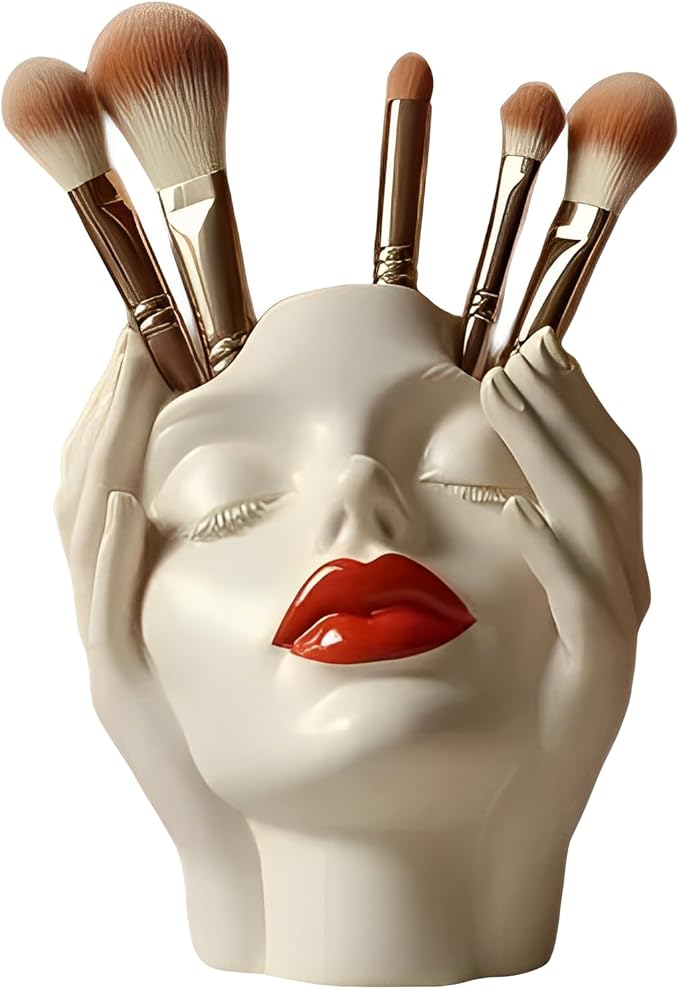 Women's Head Shape Boho Feminist Decoration Body Vase Head Vase Vintage Makeup Brush Holder Boho Makeup Organizer Rotating Makeup Organizer Idealized for Home Decor (A)