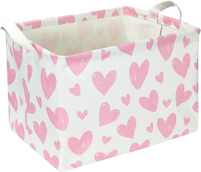 NTAOHAMPER 24L Mothers Day Gifts Pink Heart Fabric Storage Basket Empty with Handles, Books Box, Lovely Storage (Pink Heart)