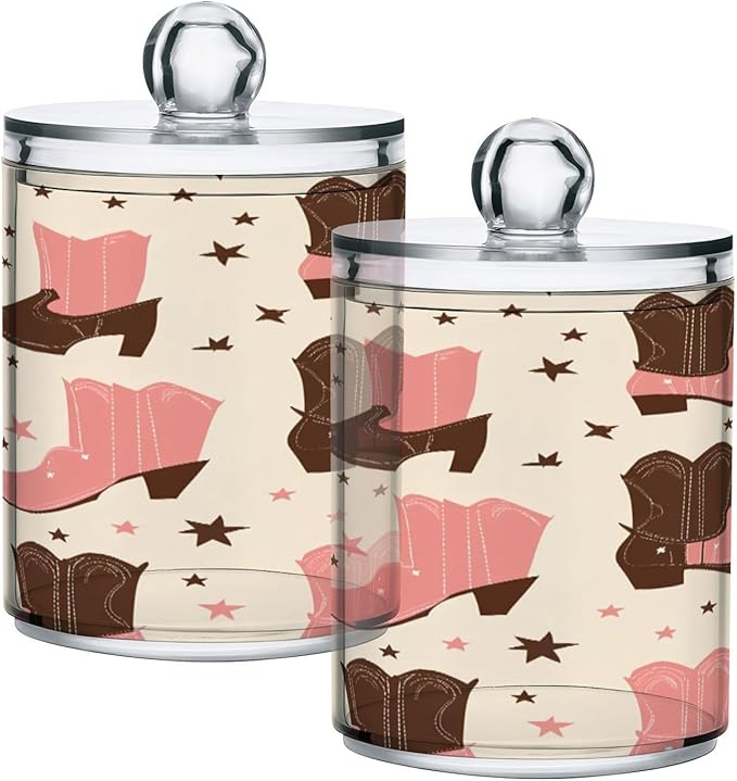 Nander 4Pack Beautiful Cowboy Boots Qtip Holder Dispenser -Clear Plastic Apothecary Jars Set - Restroom Bathroom Makeup Organizers Containers for Cotton Swab, Ball, Pads, Floss