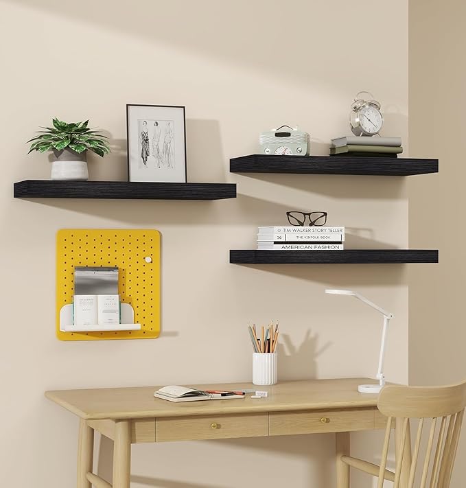 Vervida® 6 Pack Black Floating Shelves,24" W x 5.8" D x 1.5" H, Holds Up to 37 Lbs, Ideal for Living Room, Bedroom, Bathroom, Kitchen, Office, Storage, Display, with Invisible Brackets Wall Shelves