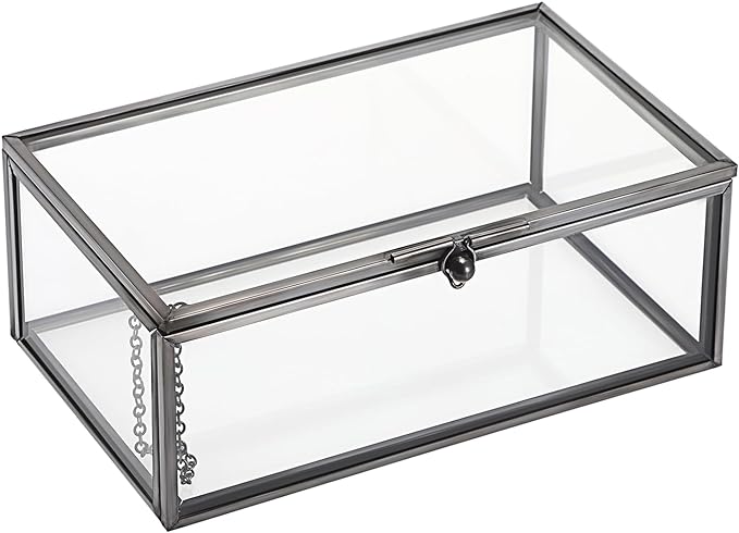 Hipiwe Vintage Glass Keepsake Box - Rectangle Jewelry Display Organizer with Lidded Box for Home Decor and Storage of Trinket Rings, Bracelet - Black, Small