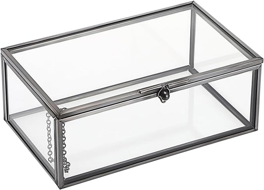 Hipiwe Vintage Glass Keepsake Box - Rectangle Jewelry Display Organizer with Lidded Box for Home Decor and Storage of Trinket Rings, Bracelet - Black, Small