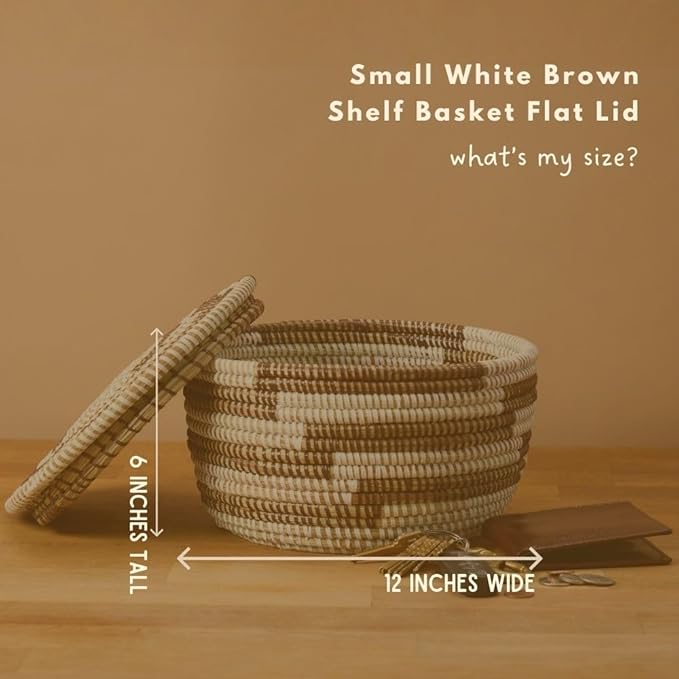 Small Wicker Basket for Keys, Brown Pattern on White, Flat Lid, 10 Inch Wide