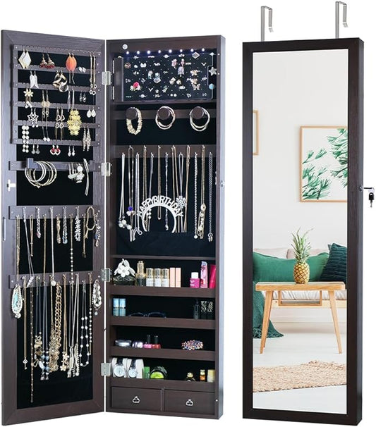 8 LED Lights Jewelry Armoire with Mirror - 47.3' H Cabinet Door Hanging/Wall Mounted Mirror With Storage And 2 Drawers - Brown