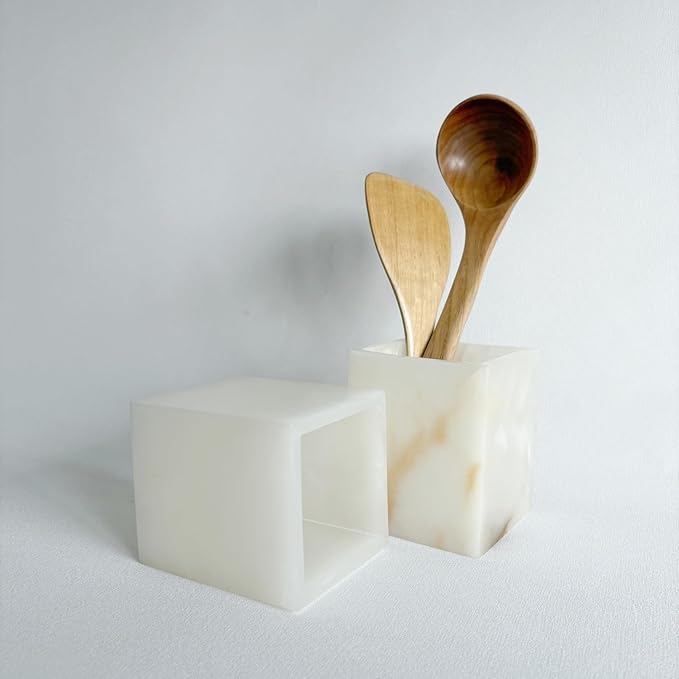 Natural Marble Stone Square Storage Container Empty Vessel Holder Cup for Candle/Pens/Sundries items (White Onyx)