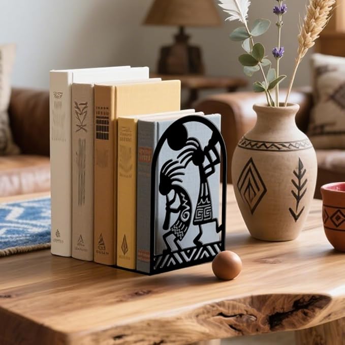 Peacoblue Metal Bookends for Shelves, Modern Decorative Heavy Duty Study Book Ends Stoppers for Office, Desk, Shelf, Room 5.3"x4.3"x7.9" Cast Iron Tall Bookends 1 Pair (Kokopelli Tribal-Flute Player)