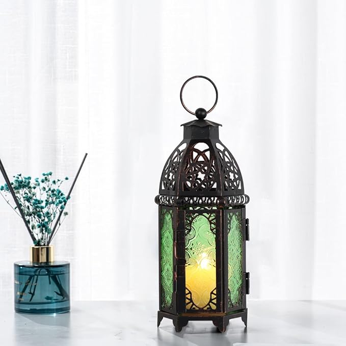 DECORKEY Christmas Decorations for Home, 11’’ Medium Size Vintage Metal Hanging&Tabletop Candle Holder Decor, Halloween Ramadan Decorations for Indoor Outdoor Porch Patio (Green)