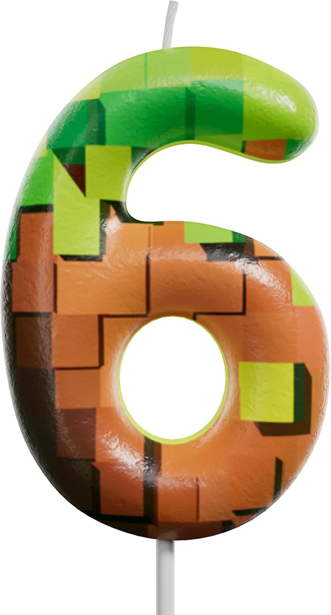 Pixel Miner Number Candle for Birthday Cake - 2.7 Inch Video Game Themed Party Decoration, Dynamite Style Cake Topper for Boys Girls Kids Anniversary Supplies(Retro Art, 6)