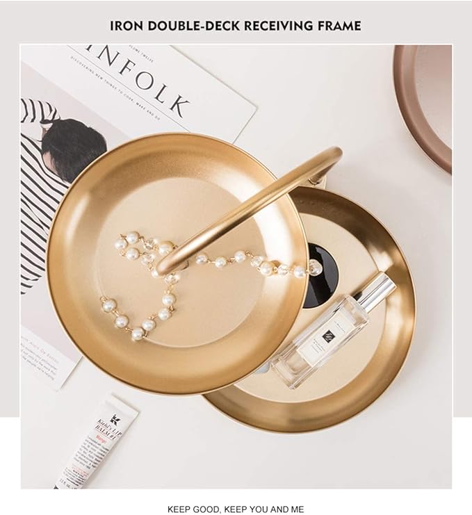 Besttimes Decorative 2 Tire Cosmetic Storage Tray Makeup Organizer Multi-Function Metal Storage Jewelry Organizer (Gold)