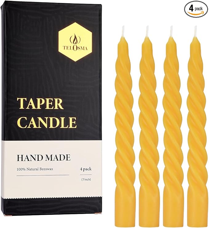 TELOSMA Beeswax Taper Candles Set of 4,Spiral Taper Candle Dripless Long Candle Sticks for Dinner Wedding Party Christmas Home Decorations - 7 Inch Tall - Yellow