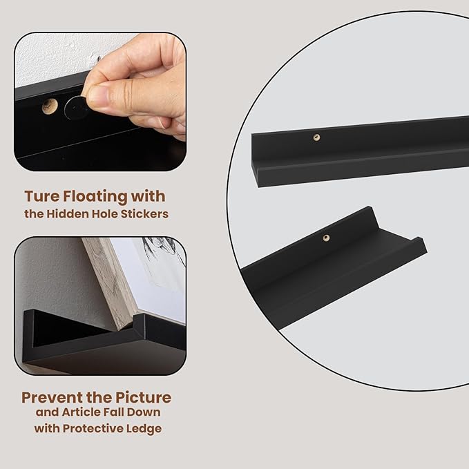 Heimlove Picture Ledge Shelf,24 inch Long Floating Shelves for Wall Set of 4,Black Picture Shelf with Lip for Wall Decor,Living Room,Bedroom,Bookshelf,Nursery,Perfume
