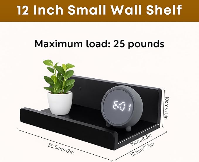 Floating Wall Shelves Set of 2, 12-Inch Solid Wood Shelves with Cable Holes, Small Display Shelf for Router, Webcam, Smart Speaker, Camera – Black