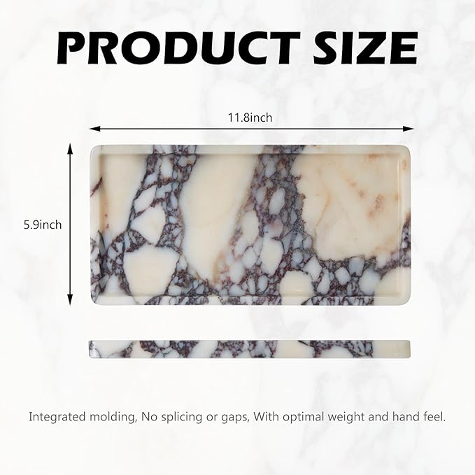 Luxury Natural Rectangle Marble Tray – 11.8 x 5.9-Inch Calacatta Viola Stone Vanity Tray, Modern Makeup Organizer for Perfume Skincare Products, Decorative Tray for Bathroom Coffee Table & Dresser