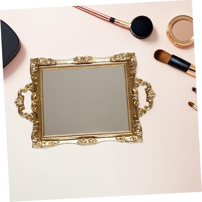 BESPORTBLE Retro Carved Golden Mirror Tray Resin Storage Decorative Plate Nordic Style Wedding Makeup Vanity Organizer for Cosmetics and Room Décor