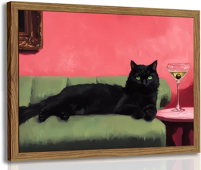 Cute Black Cat With Martini Wall Art Funny Animal Wall Decor Quirky Whimsical Cocktail Bar Cart Canvas Painting Poster Prints Pet Lover Picture Aesthetics for Bedroom Living Room Framed 16x24 inch