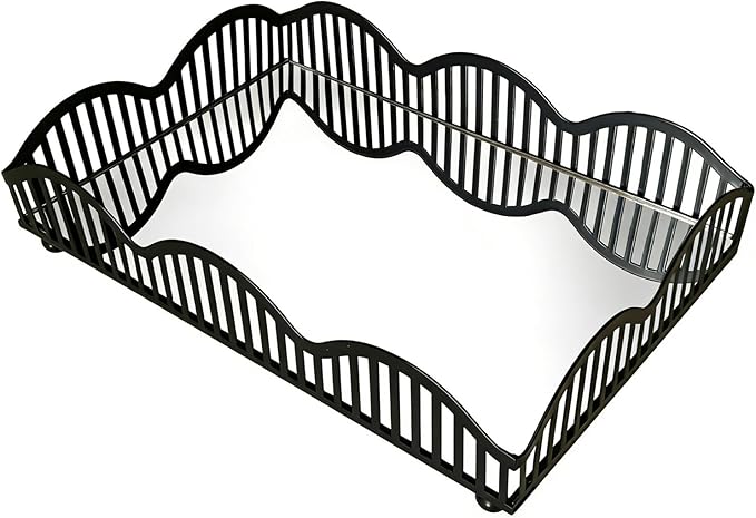 Black Metal Decorative Tray with Mirror Base - Square Multi-Purpose Tray for Bathroom, Living Room, Hallway and Kitchen (8.4”X5.8”X2”)