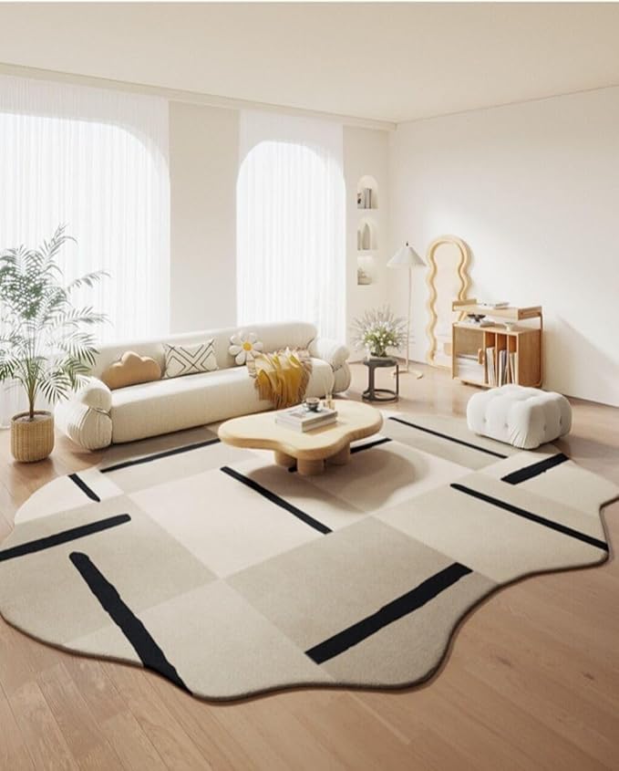 Beige Brown Modern Abstract Irregular Rug for Living Room Bedroom Home Office Washable Abstract Shaped Carpet 7x12 Minimalist Geometric Art Deco Area Rug Under Dining Table Non Slip Easy Clean Mats