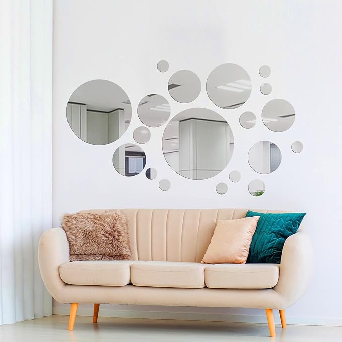 Shappy 32 Pcs Acrylic Mirror Wall Stickers Removable Round Wall Decal Circle Mirror Tiles for Home Bathroom Living Room Bedroom TV Background Decor(Silver,X Large Size)