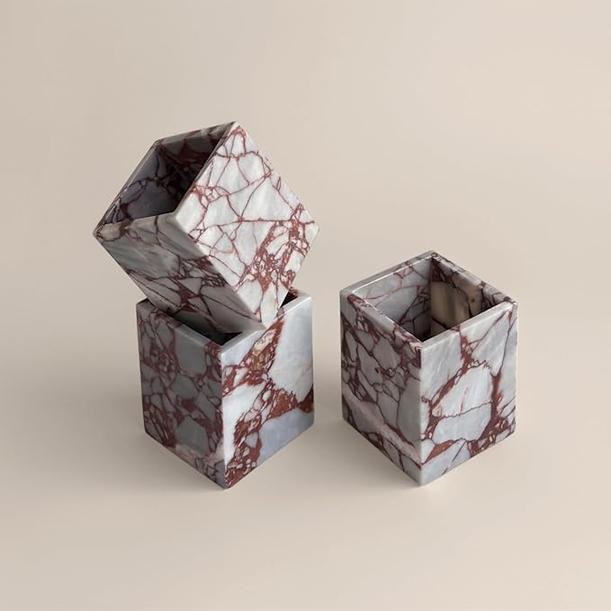 Natural Marble Stone Square Storage Container Empty Vessel Holder Cup for Candle/Pens/Sundries items (Calacatta Red)