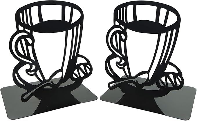 Creative Coffee Pattern Bookends Black Metal Book Ends Shelves Organizer Book Stands Journal Book Holder Reading Room Decorative Bookends for Office Home School Women Man Gift